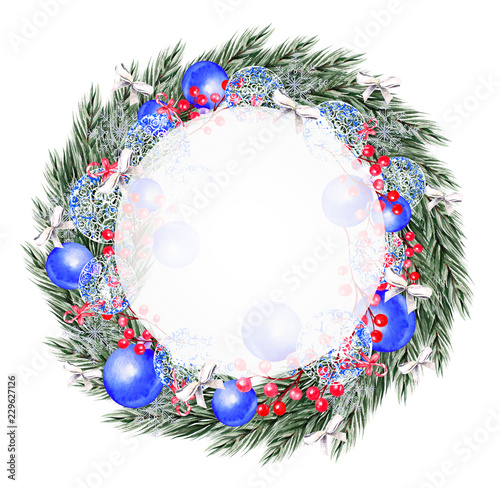 Watercolor Christmas wreath with toys, bow, berries and pine.