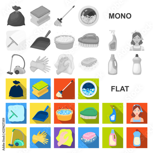Cleaning and maid flat icons in set collection for design. Equipment for cleaning vector symbol stock web illustration.