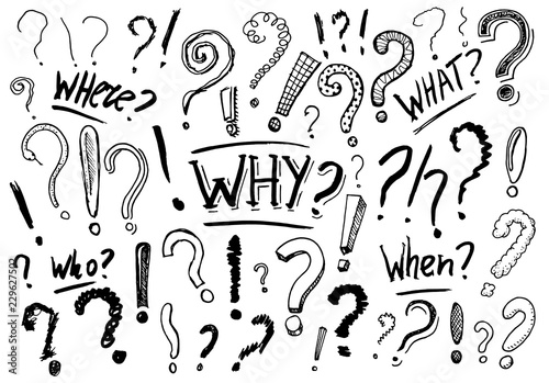 Set of question mark. Doodle style. Collection of icons and signs Why. Engraved hand drawn sketch. Abstract vector.