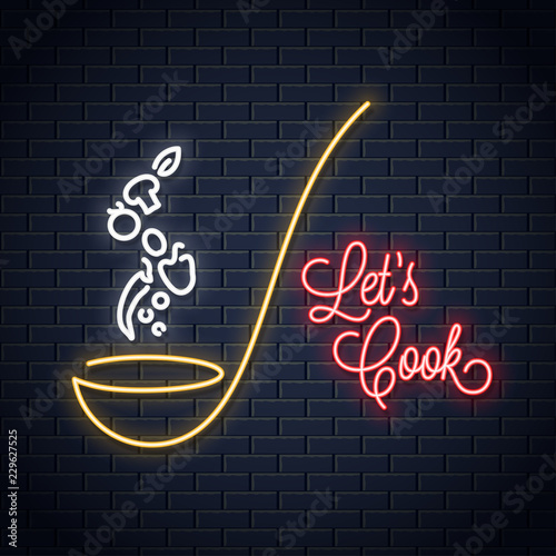 Soup ladle with vegetables neon sign. Cooking spoon neon design