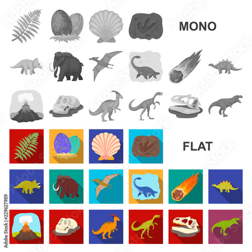 Different dinosaurs flat icons in set collection for design. Prehistoric animal vector symbol stock web illustration.