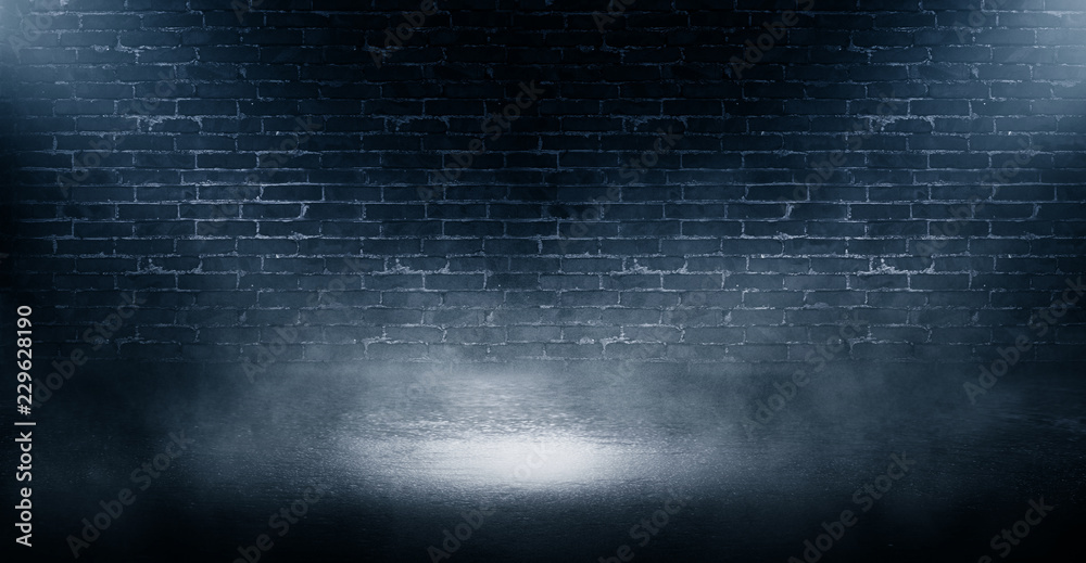 Background of empty brick wall, concrete floor, neon light, sear