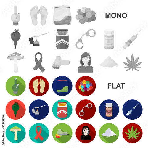 Drug addiction and attributes flat icons in set collection for design. Addict and Drug vector symbol stock web illustration.