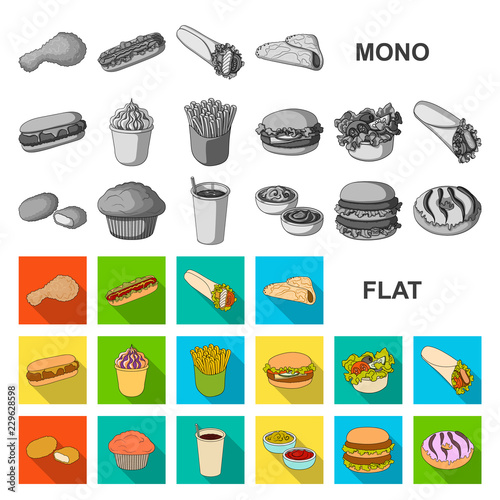 Fast food flat icons in set collection for design.Food from semi-finished products vector symbol stock web illustration.