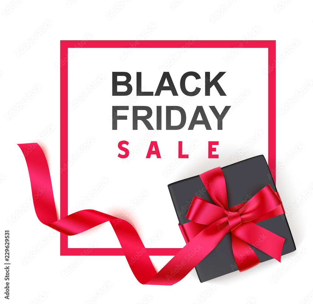 Black Friday Sale design template. Red frame with decorative black gift box and red bow isolated on white background. Vector illustration Black Friday Sale design template. Red frame with decorative black gift box and red bow isolated on white background. Vector illustration