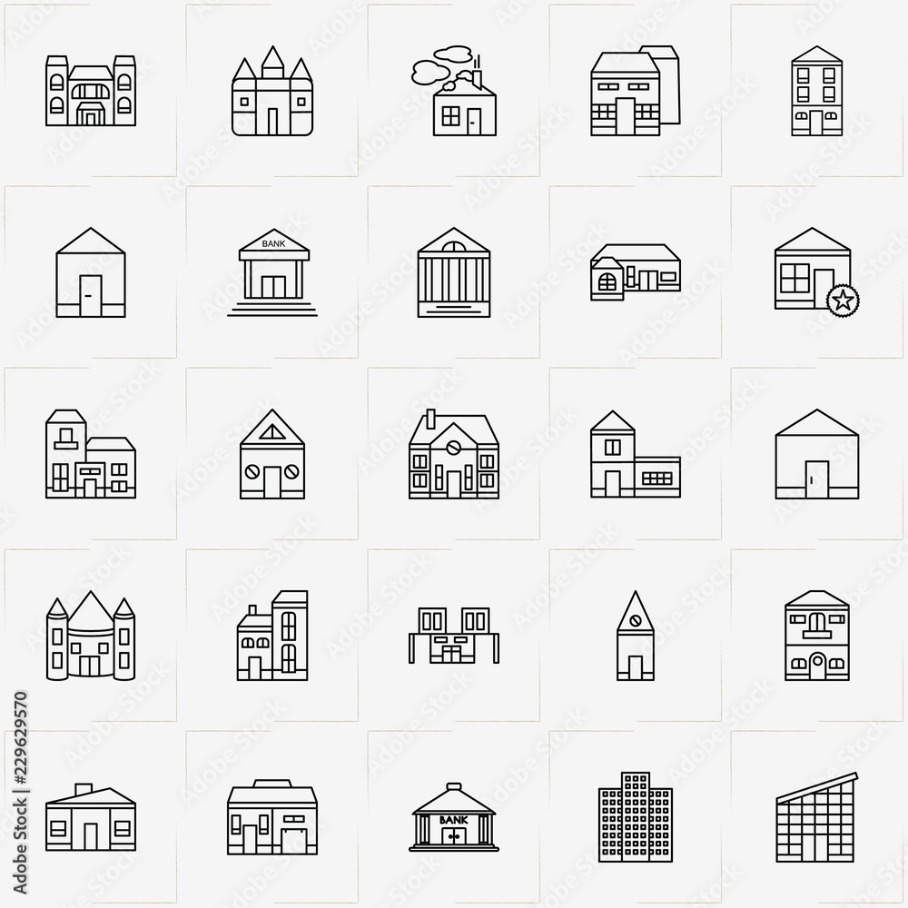Buildings line icon set with farm, house and bank