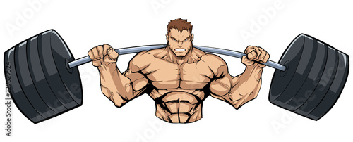 Illustration of strong bodybuilder doing squats with barbell on white background.