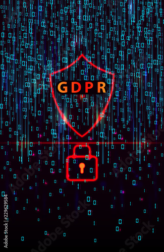 GDPR - General Data Protection Regulation and lock on  background of matrix code.Cryptographic analysis, hacking, decoding. Computer encryption technology. Separation of a digital signal streaming.