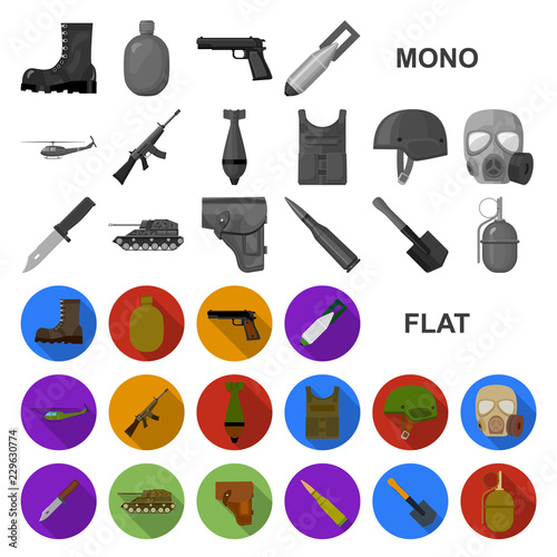 Army and armament flat icons in set collection for design. Weapons and equipment vector symbol stock web illustration.