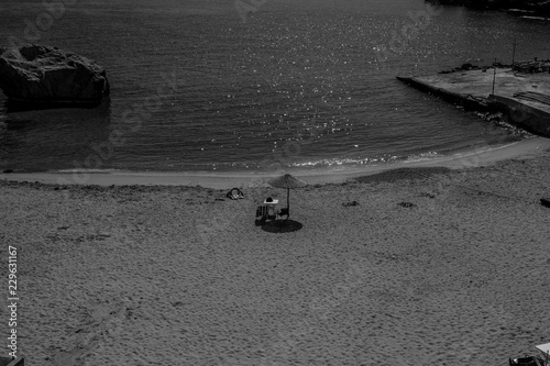 The incredible seascaping view of beach with blue sea in morocco in summer  in Al hoceima in black and white photo