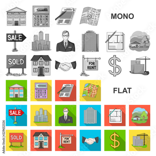 Realtor, agency flat icons in set collection for design. Buying and selling real estate vector symbol stock web illustration. photo