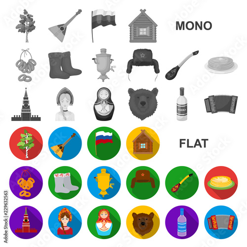 Country Russia, travel flat icons in set collection for design. Attractions and features vector symbol stock web illustration.