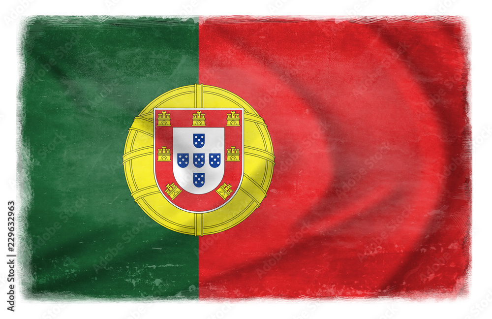 The Portugal flag waving from the wind, proudly fluttering in the wind with traces of use in battle and destruction from difficult warfare The Portugal flag waving from the wind, proudly fluttering in the wind with traces of use in battle and destruction from difficult warfare