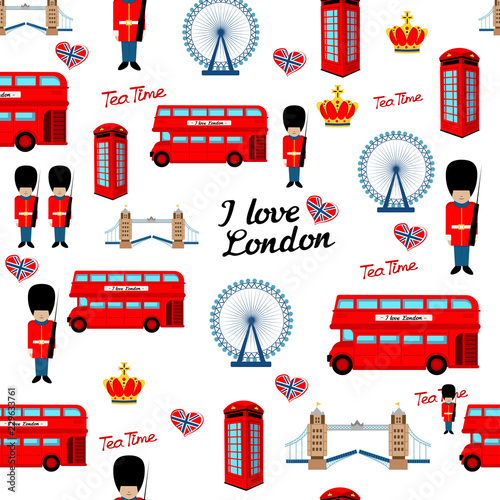 Abstract seamless london pattern for girls or boys. Creative vector background with soldier, tower, england. Funny pattern for textile and fabric. Fashion england style. Colorful bright picture