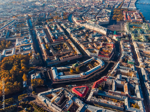 Urban area, main streets and attractions of St. Petersburg. Autumn Sunny day. Top view aerial drone.