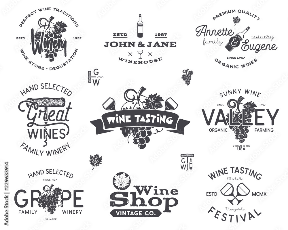 Wine logos, labels set. Winery, wine shop, vineyards badges collection. Retro Drink symbol. Typographic hand drawn design illustration. Stock emblems and icons isolated on white background