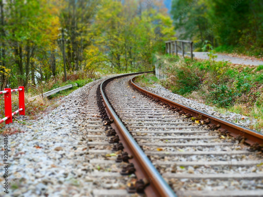 Tilt shift image of winding railroad tracks