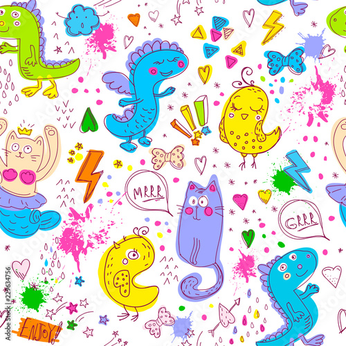 Animal cute pattern with lines, stars, dots. Cartoon style with animal repeated backdrop for child, textile, clothes, wrapping paper. Funny dino, birds,mermaid drawing in bright neon colors.