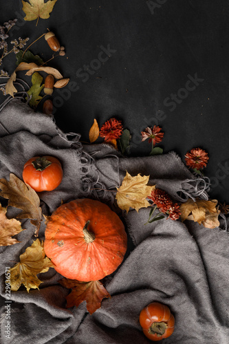 Autumn composition with dry leaves and ripe pumpkins on a dark wooden table. Top view. Copy space