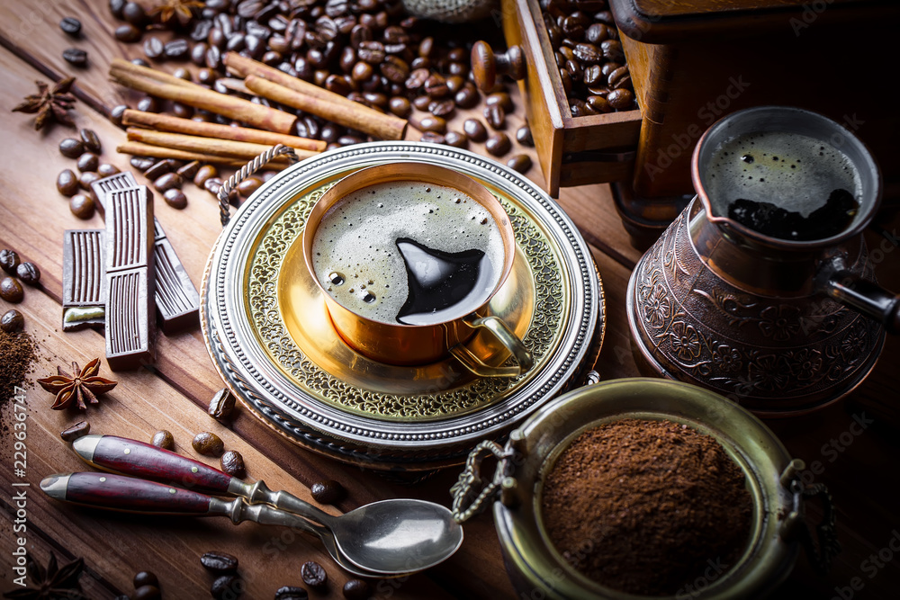 Black coffee on old background Black coffee on old background
