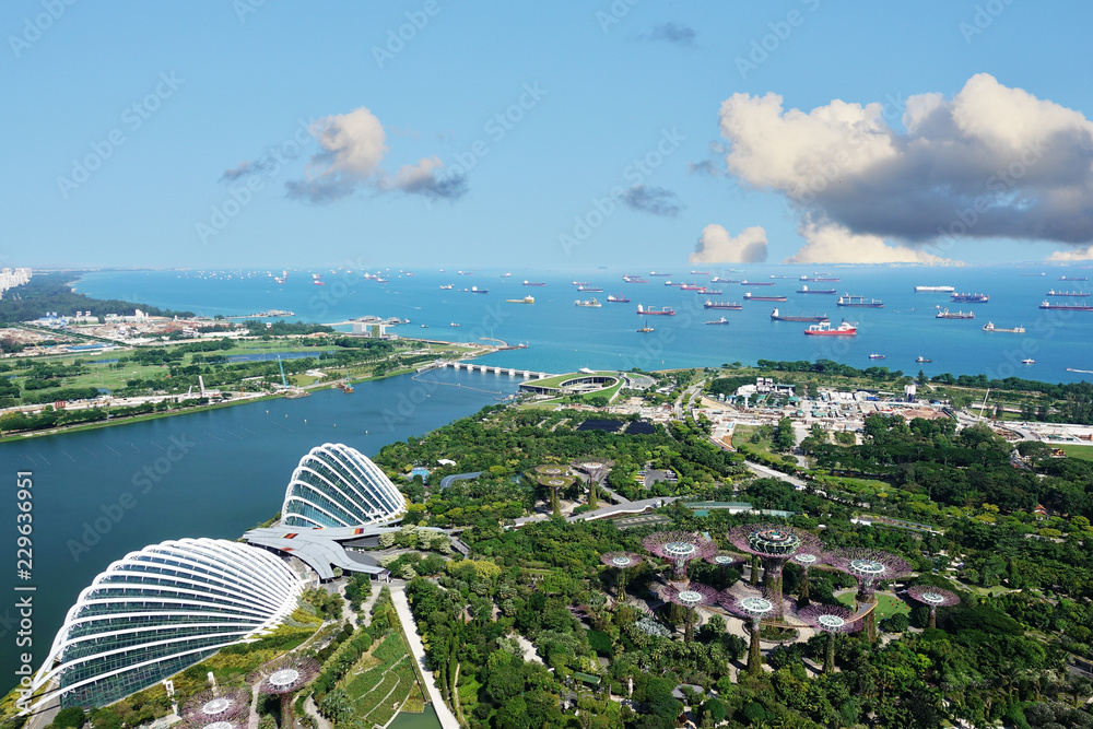 Fototapeta premium Port w Singapurze z wieloma łodziami transportowymi i ogrodami nad zatoką, widok z lotu ptaka z hotelu Marina Bay Sand w słoneczny dzień, Singapur, 15 października 2018 r.