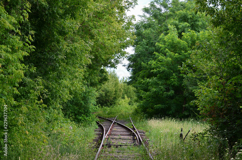 Two narrow railway tracks, rails, divergent paths, place the transfer railway shooter