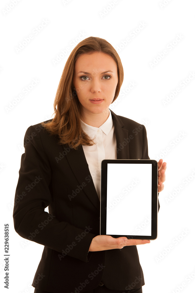 Corporate portrait of young beautiful caucasian business woman surfinh internet on tablet isolated over white background Corporate portrait of young beautiful caucasian business woman surfinh internet on tablet isolated over white background