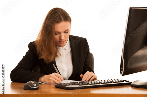 Corporate portrait of young beautiful caucasian business womanwork in the office  isolated over white background photo