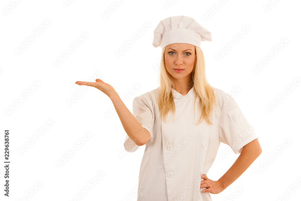 beautiful blond Woman chef isolated over white background beautiful blond Woman chef isolated over white background