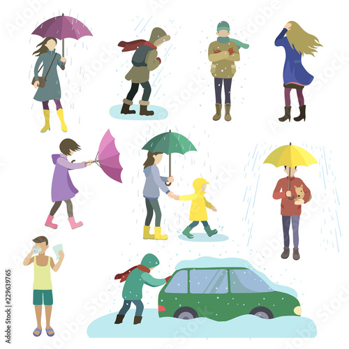 Set of people struggling with bad weather conditions such as strong wind raining large amounts of snow abnormal heat.