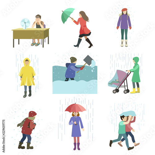 Set of people struggling with bad weather conditions such as strong wind raining large amounts of snow abnormal heat.