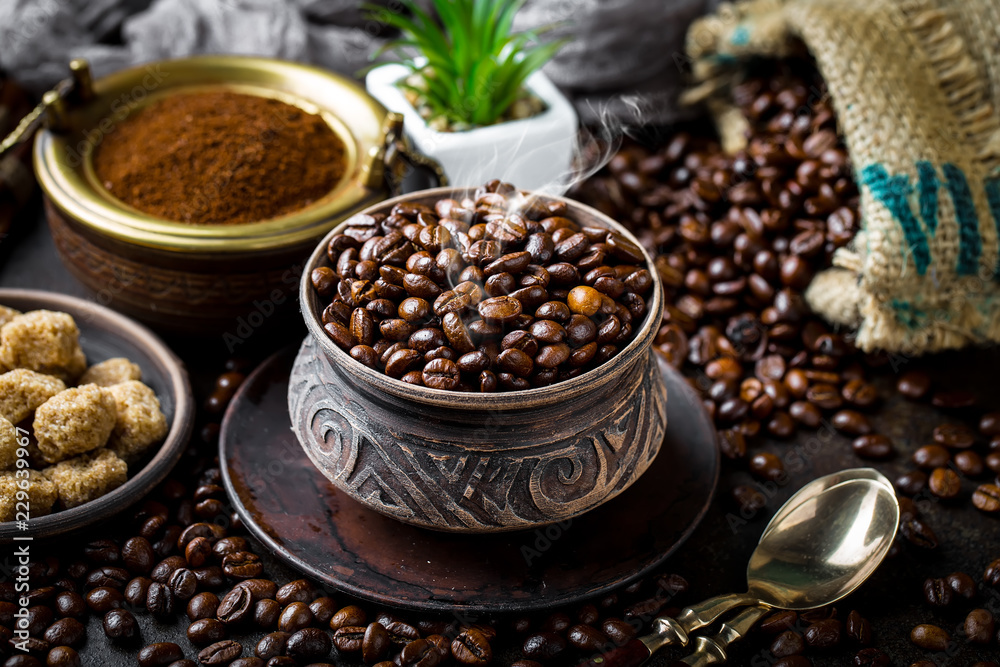 Coffee beans on the old background Coffee beans on the old background