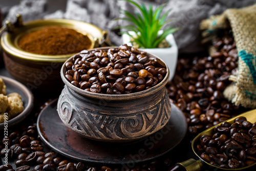 Coffee beans on the old background