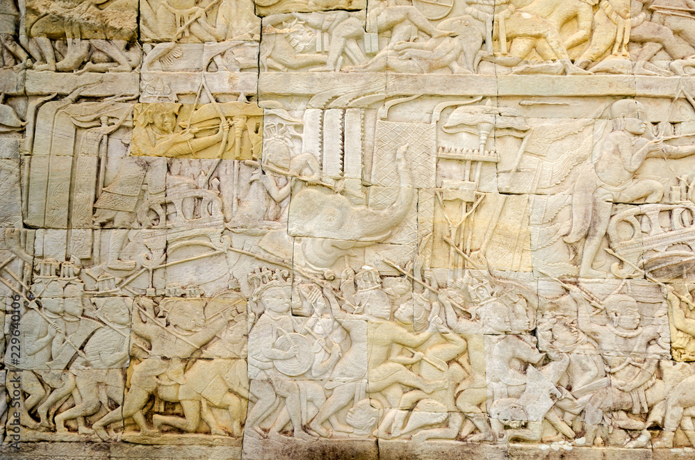 A scene from the gallery of the Bayon temple in Angkor Thom showing a Khmer army on the march