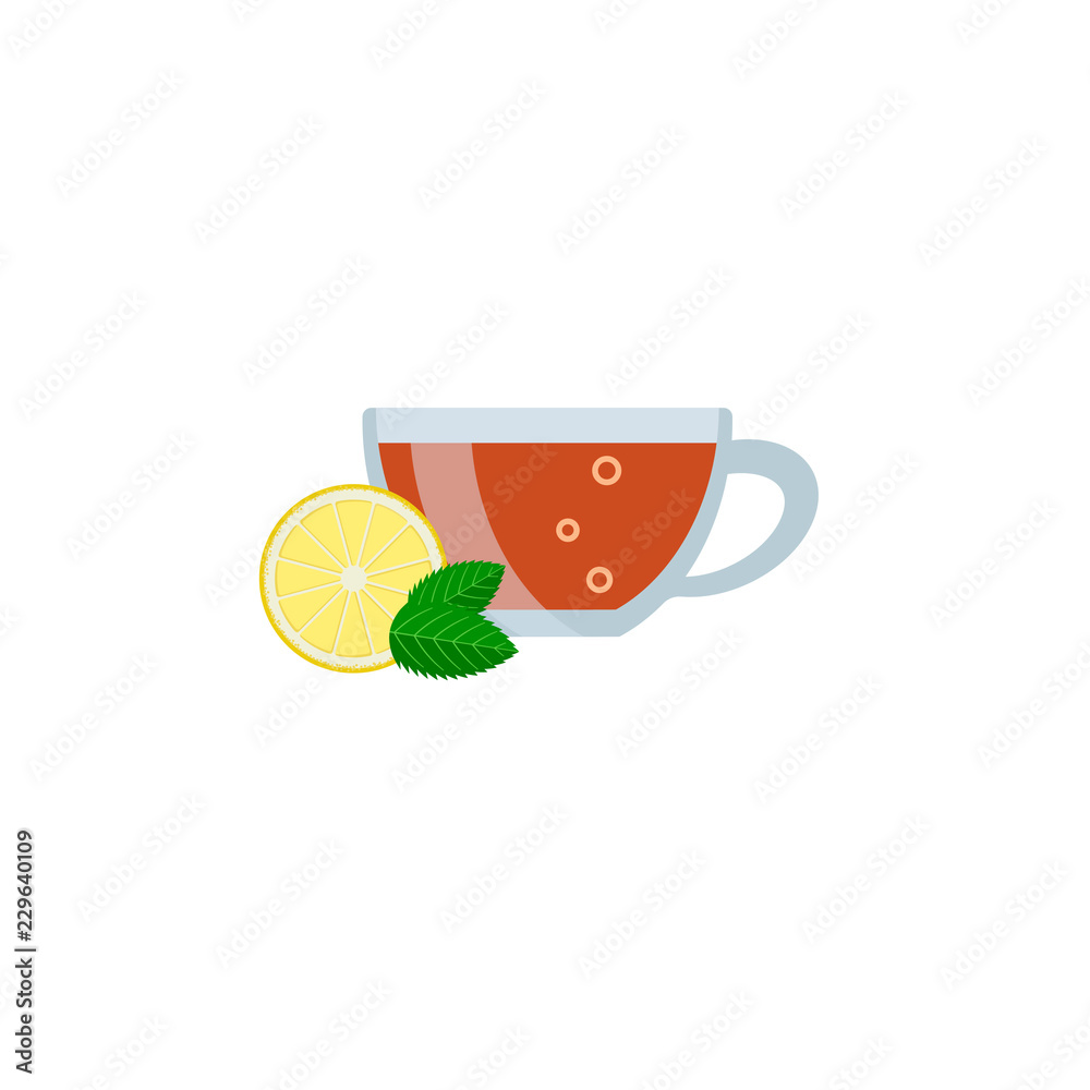 Tea cup with lemon vector icon flat style. Kombucha drink. Isolated on white background.