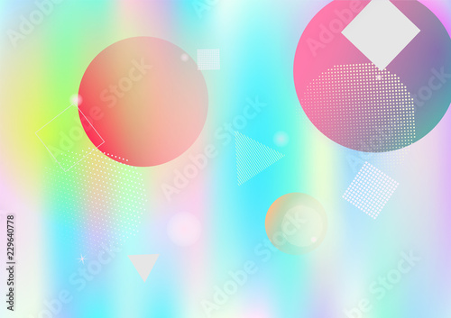 Holographic simple memphis vector background. Gradient unicorn horizontal color overlay. Minimal corporate identity geometric holograph pattern. Chaotic trendy bauhaus funky falling memphis layout.