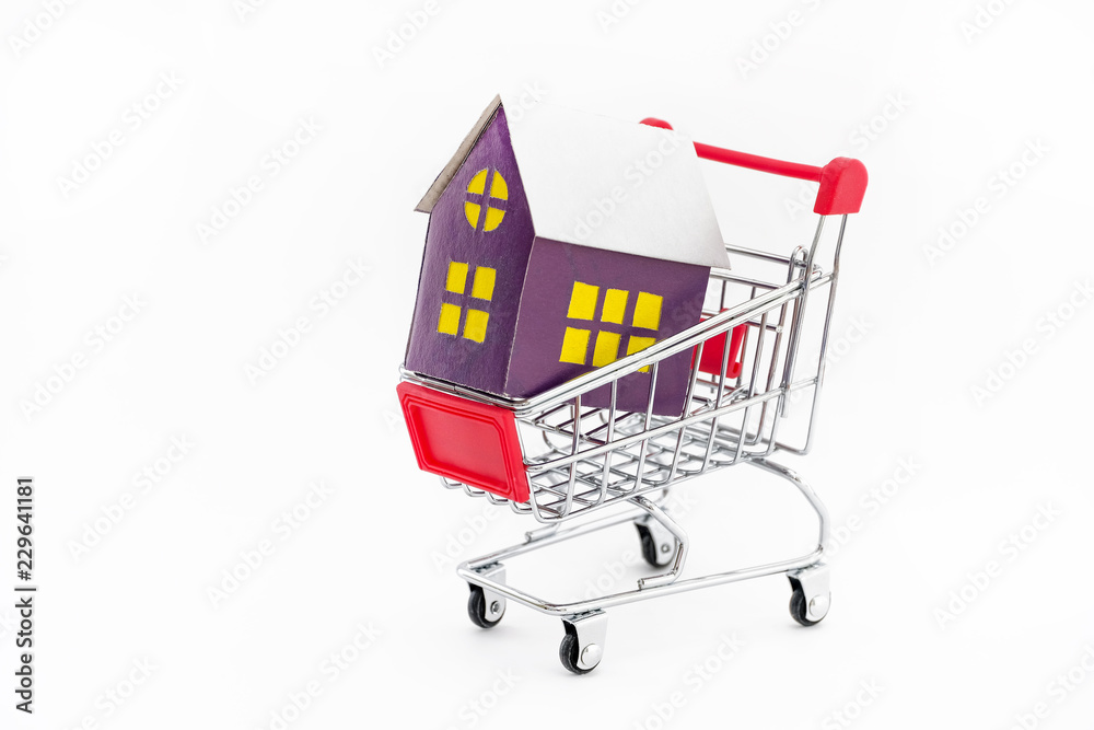 The concept of buying a private house or apartment. Loan for housing. Metal cart on a white background with a toy house. Close up. The concept of buying a private house or apartment. Loan for housing. Metal cart on a white background with a toy house. Close up.