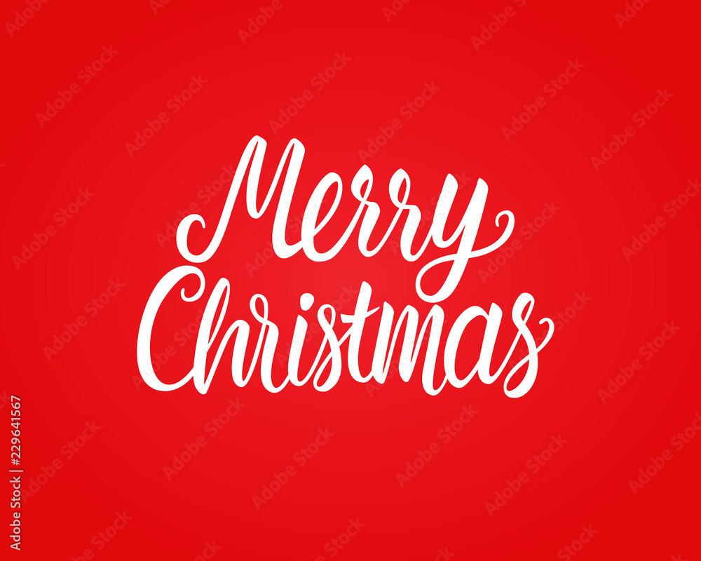 Merry Christmas white hand drawn lettering text inscription. Vector illustration isolated on red background. Holiday Greeting Design Card
