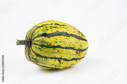 Decorative pumpkin on a white kitchen table. Fruit for halloween for decorations.
