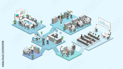 Isometric flat 3d abstract office floor interior departments concept vector.