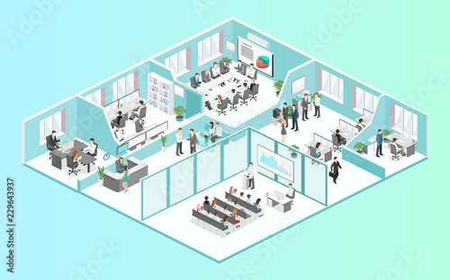 Isometric flat 3d abstract office floor interior departments concept vector.
