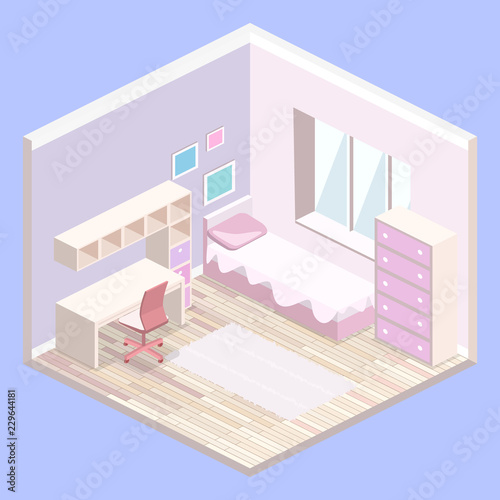 Isometric flat 3D cutaway interior Girls all pink bedroom interior.