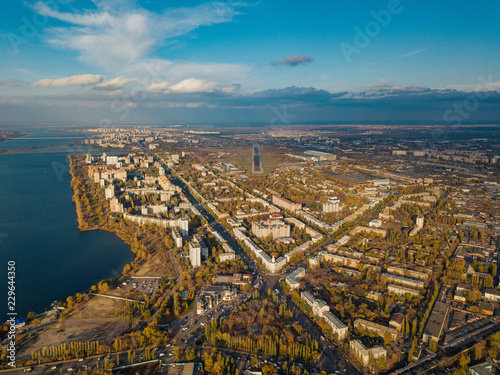 Aerial view Voronezh from height of aircraft flight. Left bank district in autumn