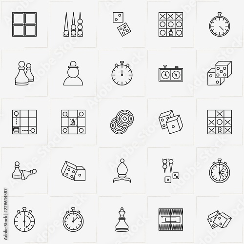 Chess & Backgammon line icon set with chess pawn, chess board and chess pawns
