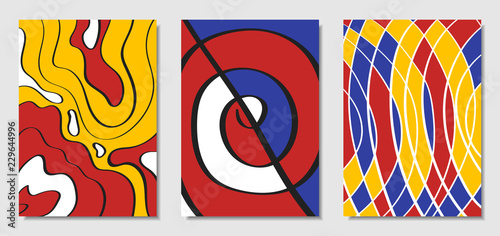 Cover Design Templates Set in Bauhaus Style. Abstract Backgrounds with Handwritten Wavy Lines and Ethnic Elements. Bright Hipster Abstraction. Vector Covers for Placard, Poster, Layout, Splash Screen.