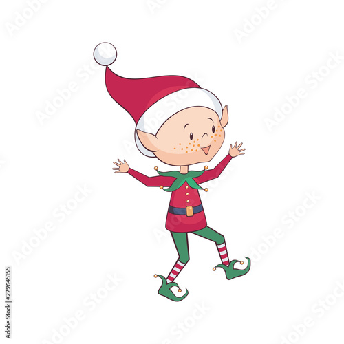 Cheerful elf boy in cartoon style. Childhood vector illustration isolated on a white background.