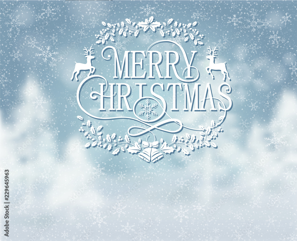 Merry Christmas blue greeting card with snow.