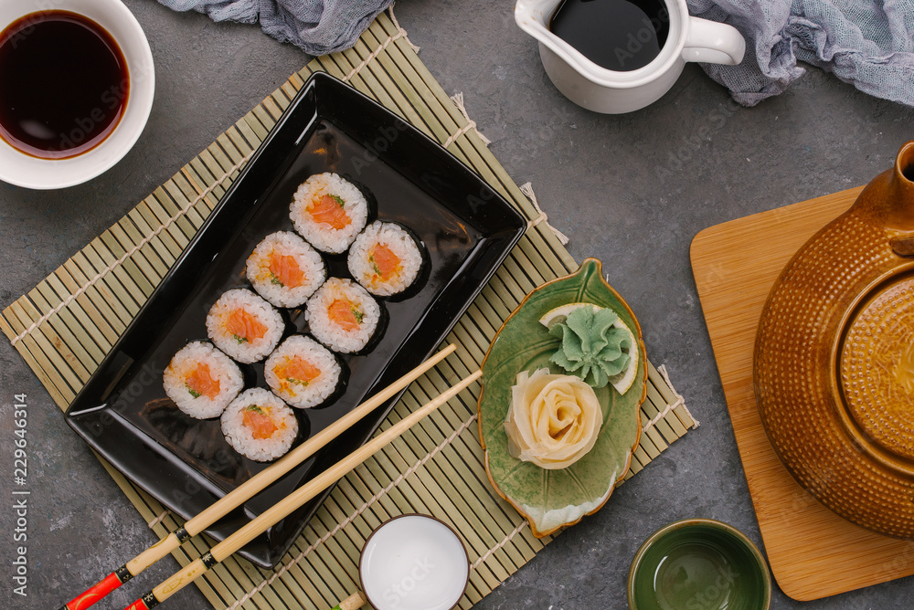 Japanese Sushi Set with Soy Sauce, Wasabi and Pickled Ginger Stock