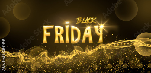 Black Friday. Golden tail with gold particles and smoke. Bright glittering star dust. VIP