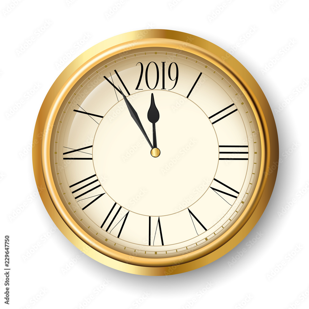 Golden shiny round 2019 clock for Christmas and New Year decoration. Golden shiny round 2019 clock for Christmas and New Year decoration.